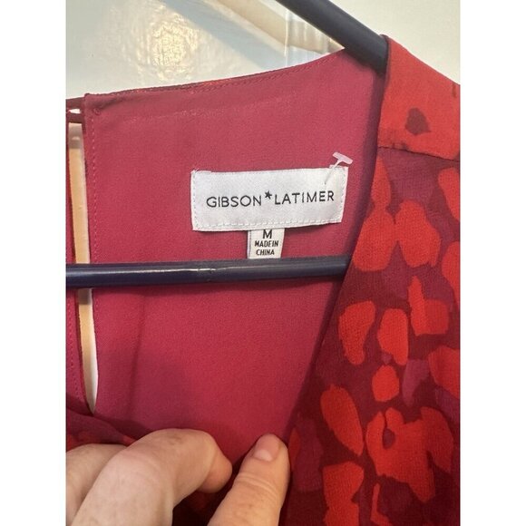 Gibson Latimer Dress Red Midi M Flowy Elastic Waist Keyhole Close Sheer Ruffles - Picture 2 of 4